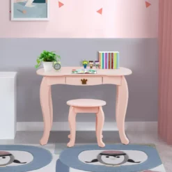 2 in 1 Kinder Schminktisch mit Hocker & Abnehmbarer Spiegel Mädchen Frisiertisch