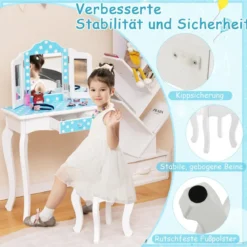2 in 1 Kinder Schminktisch mit Hocker & Dreifach Klappbarem Spiegel & Schublade Punkt Blau