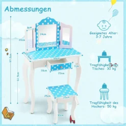 2 in 1 Kinder Schminktisch mit Hocker & Dreifach Klappbarem Spiegel & Schublade Punkt Blau