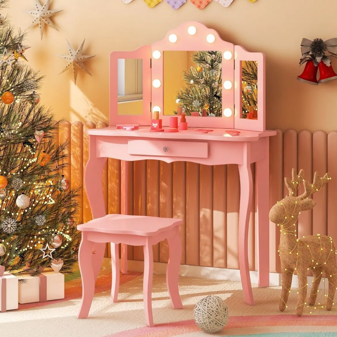 2 in 1 Kinder Schminktisch mit LED-Leuchten & Klappbarem Spiegel & Schubladen Rosa