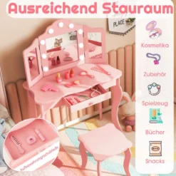 2 in 1 Kinder Schminktisch mit LED-Leuchten & Klappbarem Spiegel & Schubladen Rosa