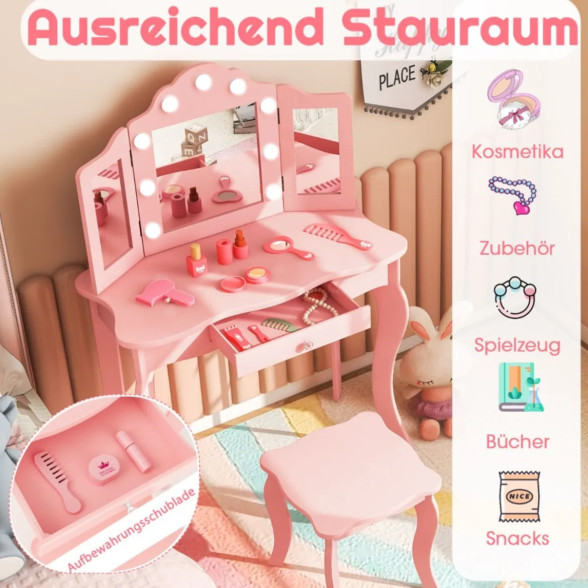 2 in 1 Kinder Schminktisch mit LED-Leuchten & Klappbarem Spiegel & Schubladen Rosa