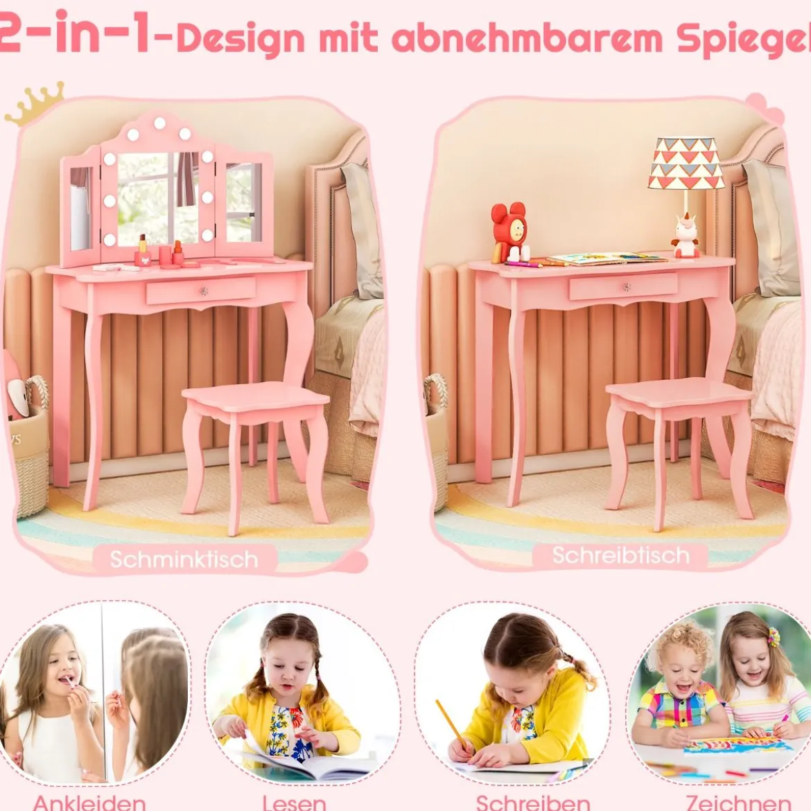 2 in 1 Kinder Schminktisch mit LED-Leuchten & Klappbarem Spiegel & Schubladen Rosa