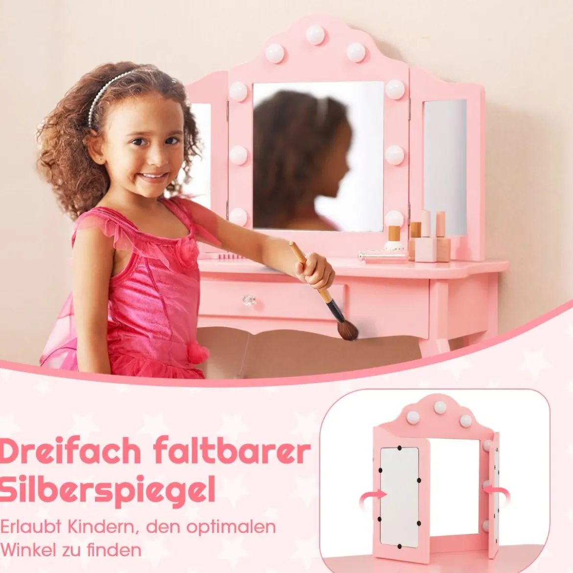 2 in 1 Kinder Schminktisch mit LED-Leuchten & Klappbarem Spiegel & Schubladen Rosa
