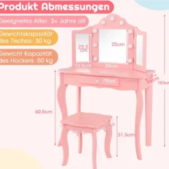 2 in 1 Kinder Schminktisch mit LED-Leuchten & Klappbarem Spiegel & Schubladen Rosa