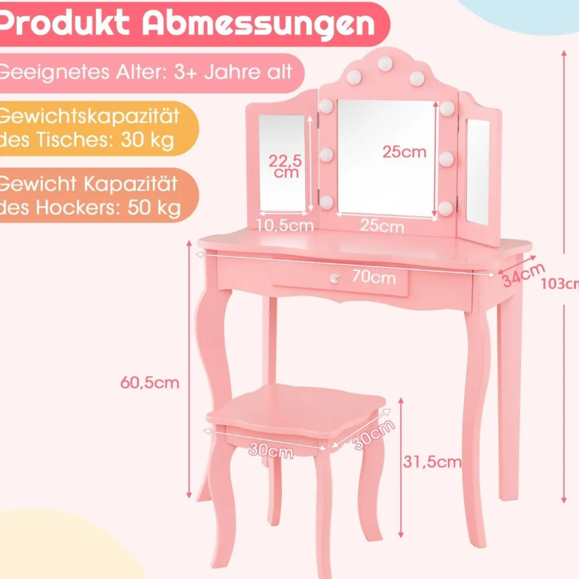 2 in 1 Kinder Schminktisch mit LED-Leuchten & Klappbarem Spiegel & Schubladen Rosa