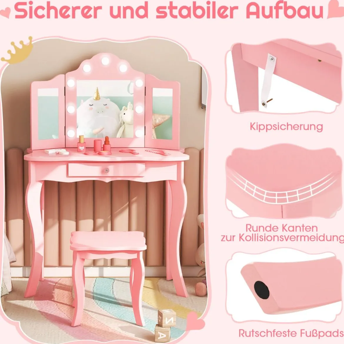 2 in 1 Kinder Schminktisch mit LED-Leuchten & Klappbarem Spiegel & Schubladen Rosa