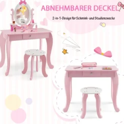 2-in-1 Kinder Schminktisch-Set aus Holz mit Hocker für Kinder von 3–7 Jahren Rosa + Weiß