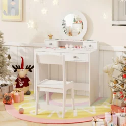 2 in 1 Kinder Schminktisch Set Kinderschminktisch mit Spiegel Kosmetiktisch für Mädchen Weiß