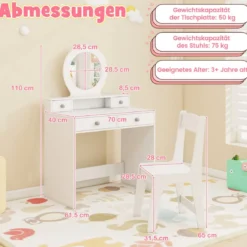 2 in 1 Kinder Schminktisch Set Kinderschminktisch mit Spiegel Kosmetiktisch für Mädchen Weiß