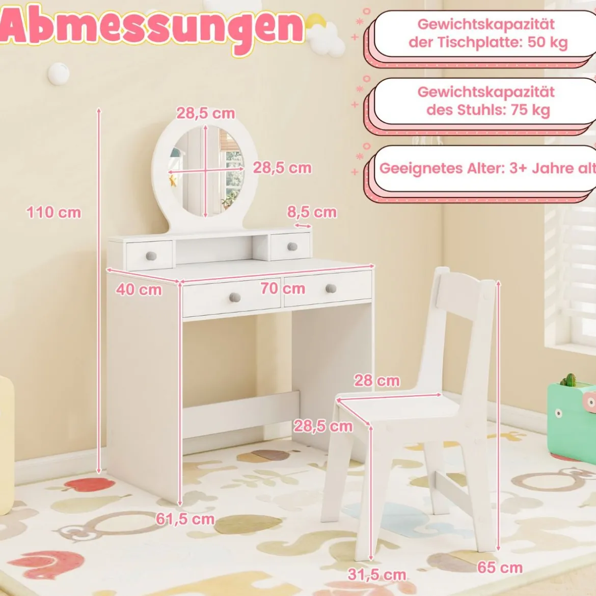 2 in 1 Kinder Schminktisch Set Kinderschminktisch mit Spiegel Kosmetiktisch für Mädchen Weiß
