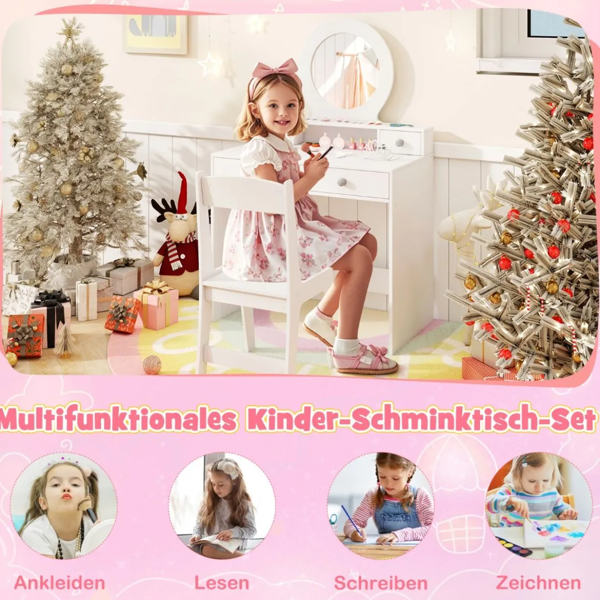 2 in 1 Kinder Schminktisch Set Kinderschminktisch mit Spiegel Kosmetiktisch für Mädchen Weiß