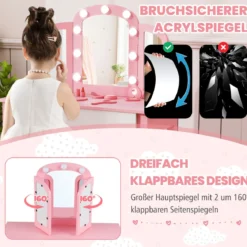 2 in 1 Kinder Schminktisch Set mit Abnehmbarem Spiegel & 3 Lichtfarben Makeup-Tisch Rosa