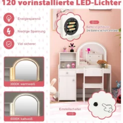 2 in 1 Kinder Schminktisch Set mit Hocker & LED-Lechten & Spiegel & Schublade Kosmetiktisch