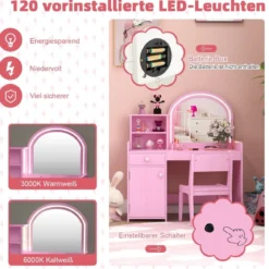 2 in 1 Kinder Schminktisch Set mit Hocker & LED-Lechten & Spiegel & Schublade Kosmetiktisch