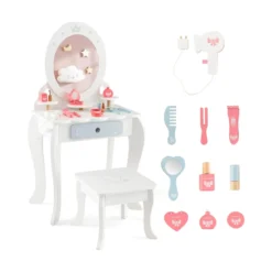 2 in 1 Kinder Schminktisch Set mit Hocker & Abnembarem Spiegel & Schubladen & Zubehören