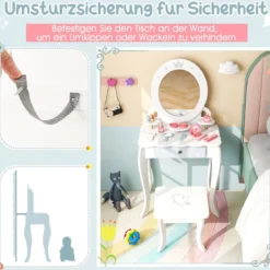 2 in 1 Kinder Schminktisch Set mit Hocker & Abnembarem Spiegel & Schubladen & Zubehören