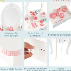 2 in 1 Kinder Schminktisch Set mit Hocker & Abnembarem Spiegel & Schubladen & Zubehören