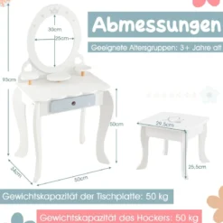 2 in 1 Kinder Schminktisch Set mit Hocker & Abnembarem Spiegel & Schubladen & Zubehören