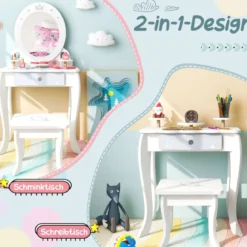 2 in 1 Kinder Schminktisch Set mit Hocker & Abnembarem Spiegel & Schubladen & Zubehören