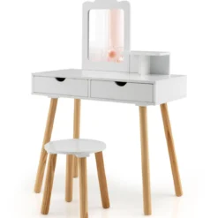 2 in 1 Kinder Schminktisch Set Schreibtisch & Hocker mit Spiegel 70 x 37 x 100 cm Weiß/Rosa