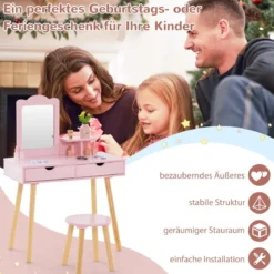 2 in 1 Kinder Schminktisch Set Schreibtisch & Hocker mit Spiegel 70 x 37 x 100 cm Weiß/Rosa