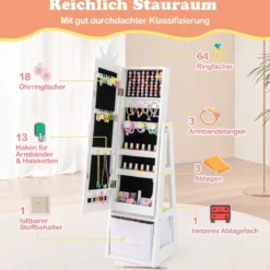 3 in 1 Kinder Schmuckschrank mit Ganzkörperspiegel & Aufbewahrungskorb Schmuckregal