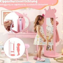 4 in 1 Kinder Schmuckschrank Spiegelschrank 360° drehbar mit Ganzkörperspiegel Weiß/Rosa