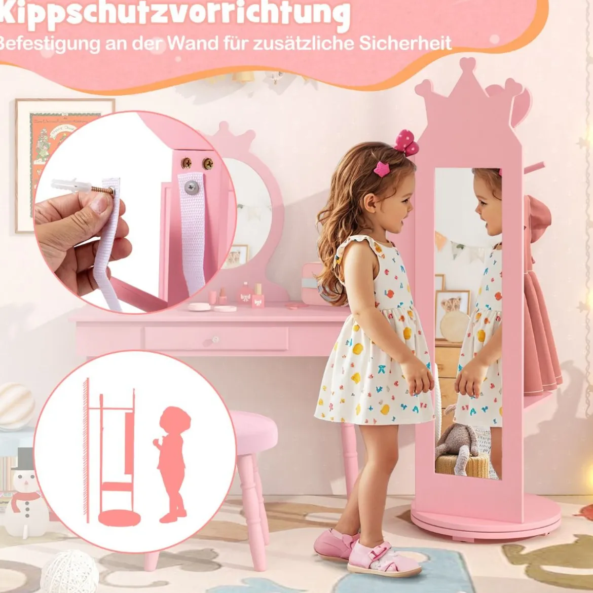 4 in 1 Kinder Schmuckschrank Spiegelschrank 360° drehbar mit Ganzkörperspiegel Weiß/Rosa