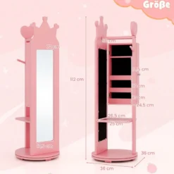 4 in 1 Kinder Schmuckschrank Spiegelschrank 360° drehbar mit Ganzkörperspiegel Weiß/Rosa