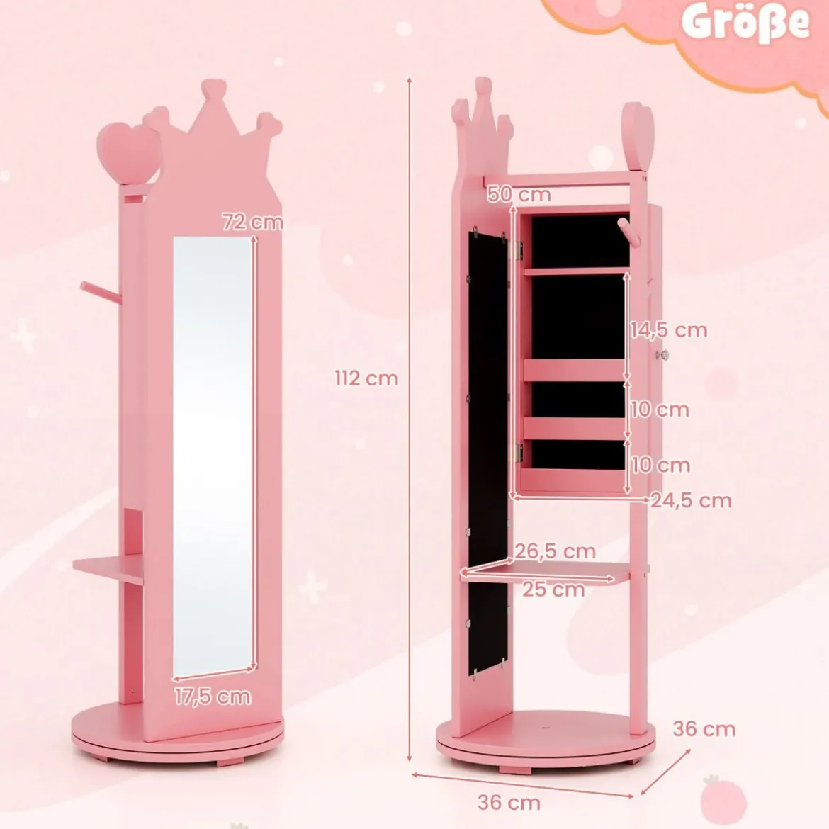 4 in 1 Kinder Schmuckschrank Spiegelschrank 360° drehbar mit Ganzkörperspiegel Weiß/Rosa