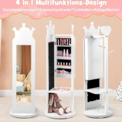 4 in 1 Kinder Schmuckschrank Spiegelschrank 360° drehbar mit Ganzkörperspiegel Weiß/Rosa