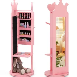 4 in 1 Kinder Schmuckschrank Spiegelschrank 360° drehbar mit Ganzkörperspiegel Weiß/Rosa