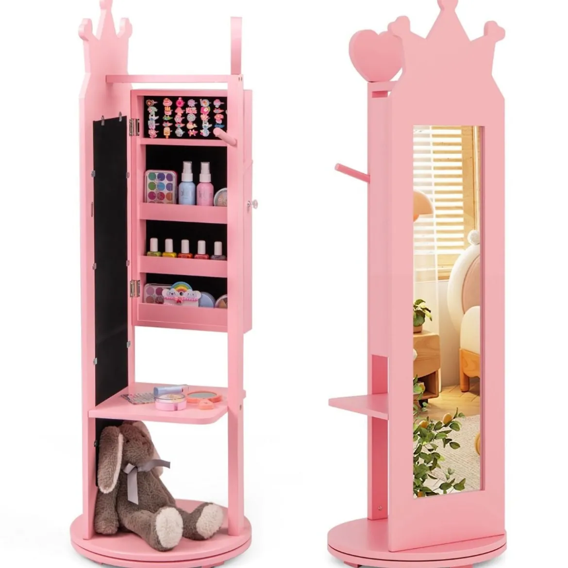 4 in 1 Kinder Schmuckschrank Spiegelschrank 360° drehbar mit Ganzkörperspiegel Weiß/Rosa