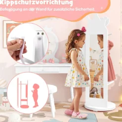 4 in 1 Kinder Schmuckschrank Spiegelschrank 360° drehbar mit Ganzkörperspiegel Weiß/Rosa