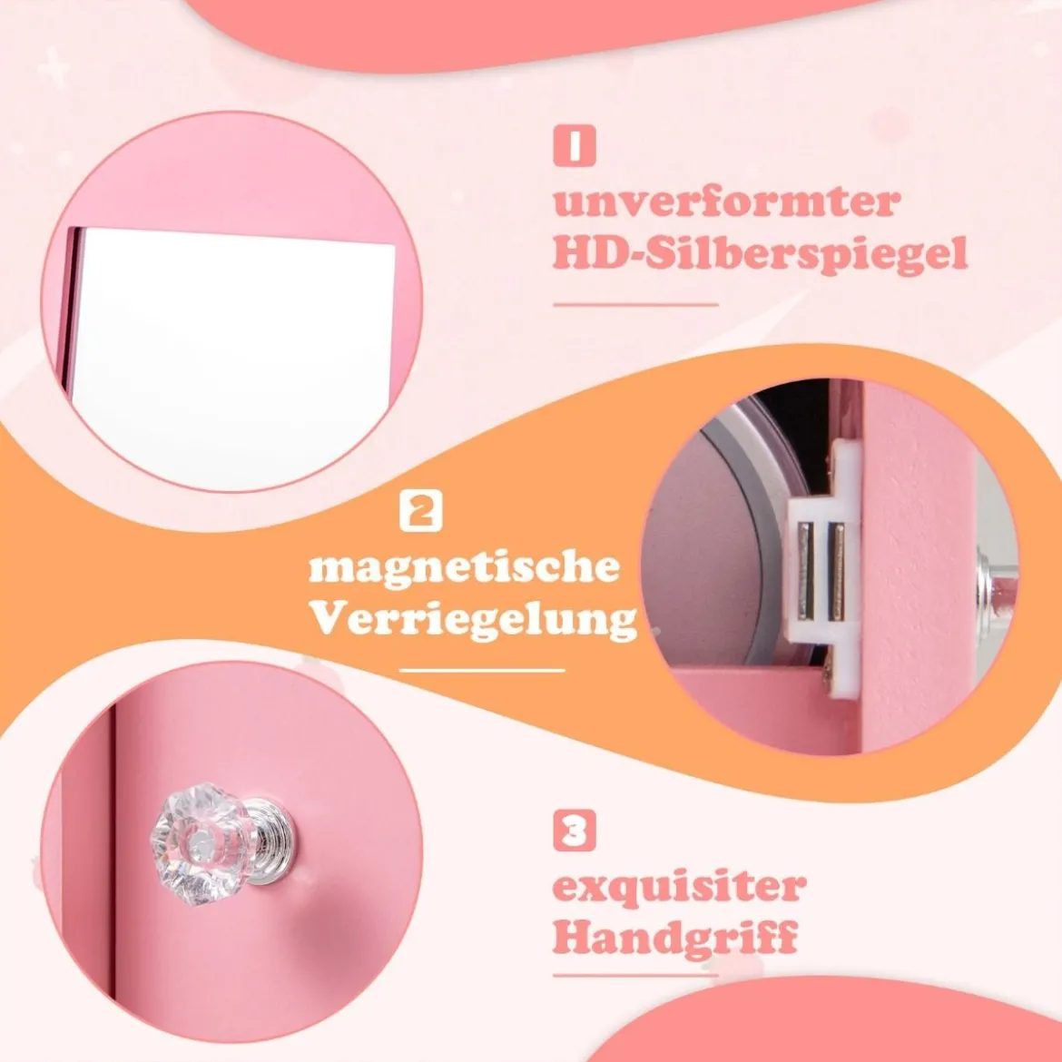 4 in 1 Kinder Schmuckschrank Spiegelschrank 360° drehbar mit Ganzkörperspiegel Weiß/Rosa