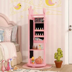 4 in 1 Kinder Schmuckschrank Spiegelschrank 360° drehbar mit Ganzkörperspiegel Weiß/Rosa