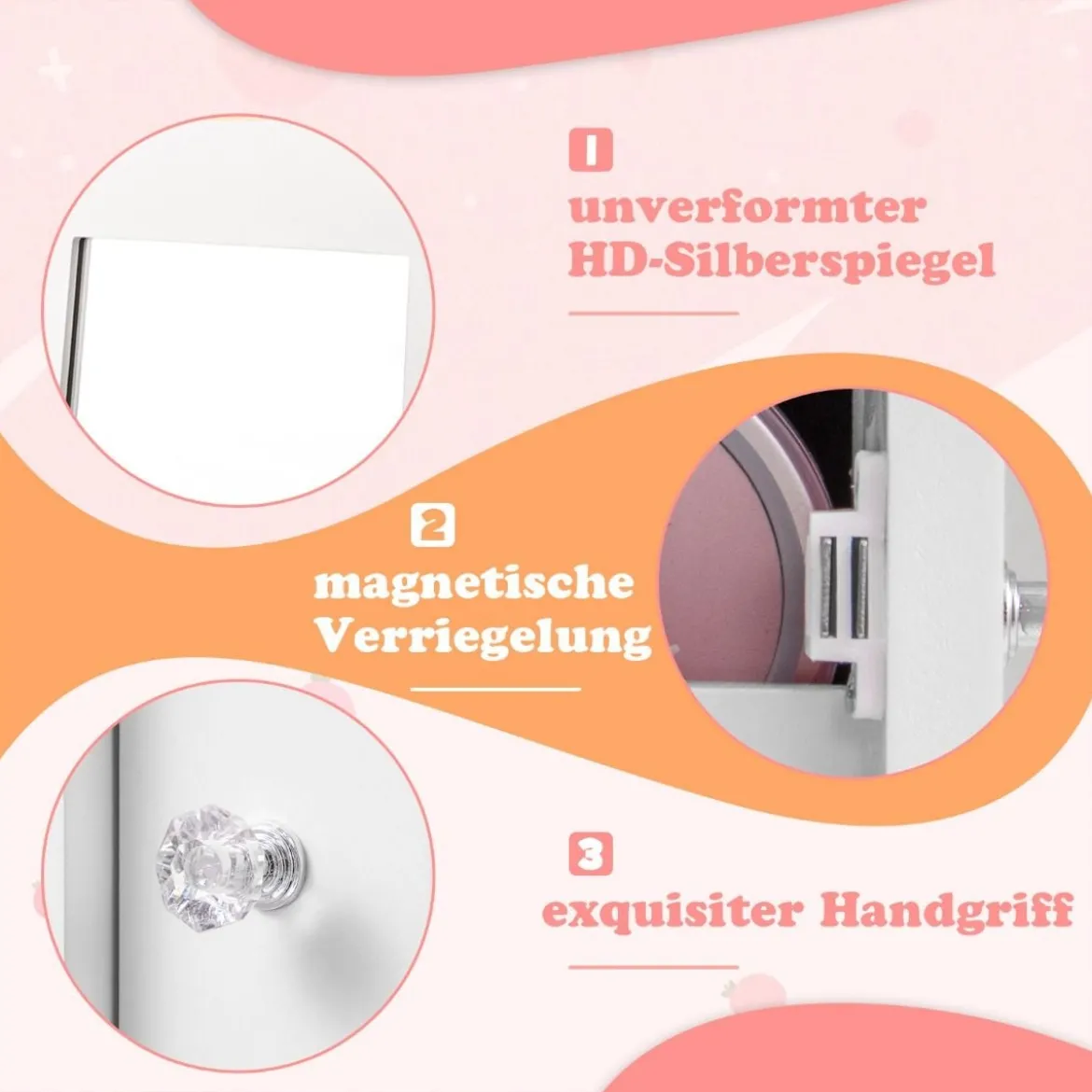 4 in 1 Kinder Schmuckschrank Spiegelschrank 360° drehbar mit Ganzkörperspiegel Weiß/Rosa