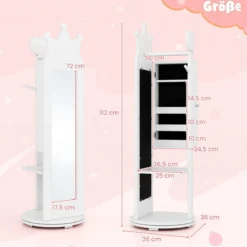 4 in 1 Kinder Schmuckschrank Spiegelschrank 360° drehbar mit Ganzkörperspiegel Weiß/Rosa