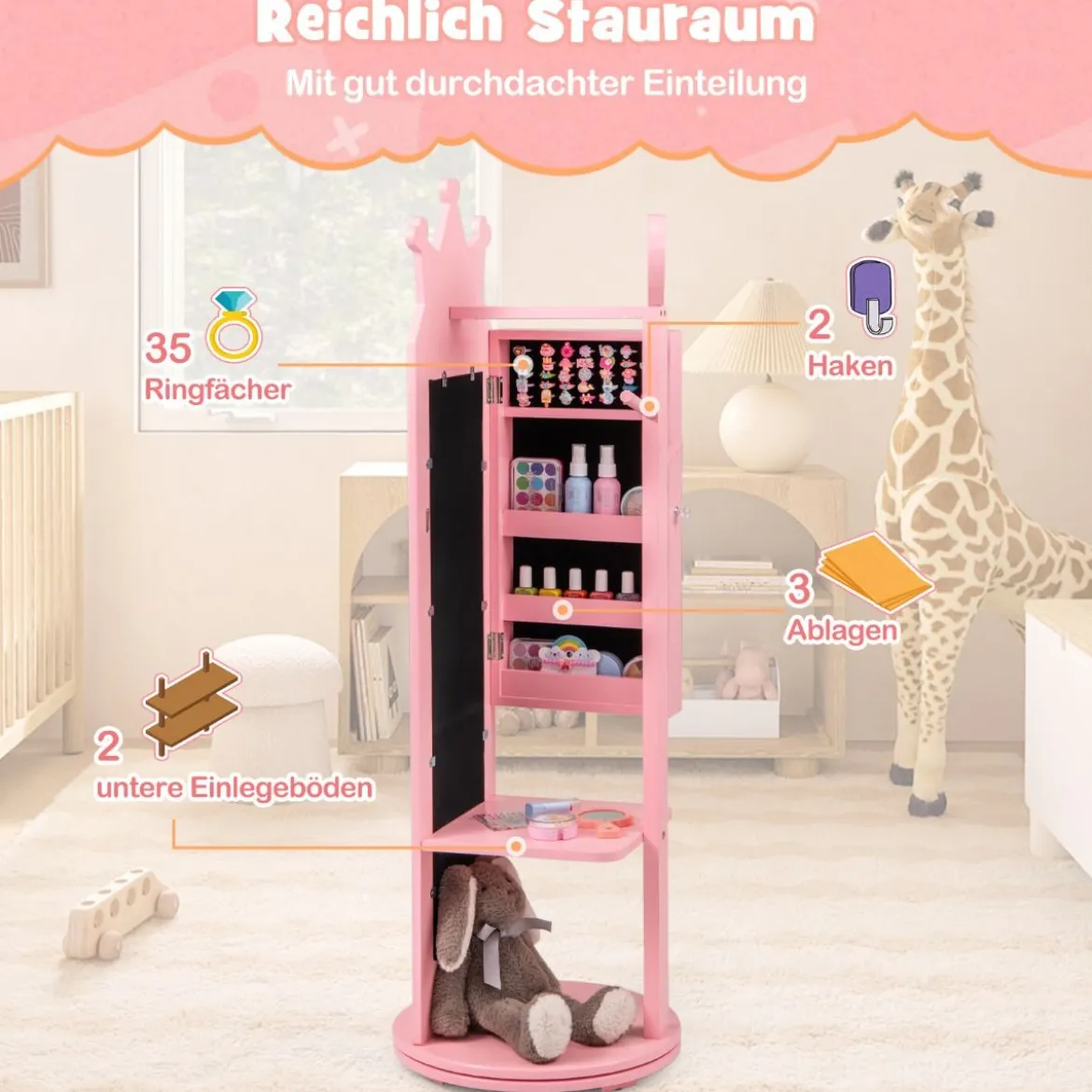4 in 1 Kinder Schmuckschrank Spiegelschrank 360° drehbar mit Ganzkörperspiegel Weiß/Rosa