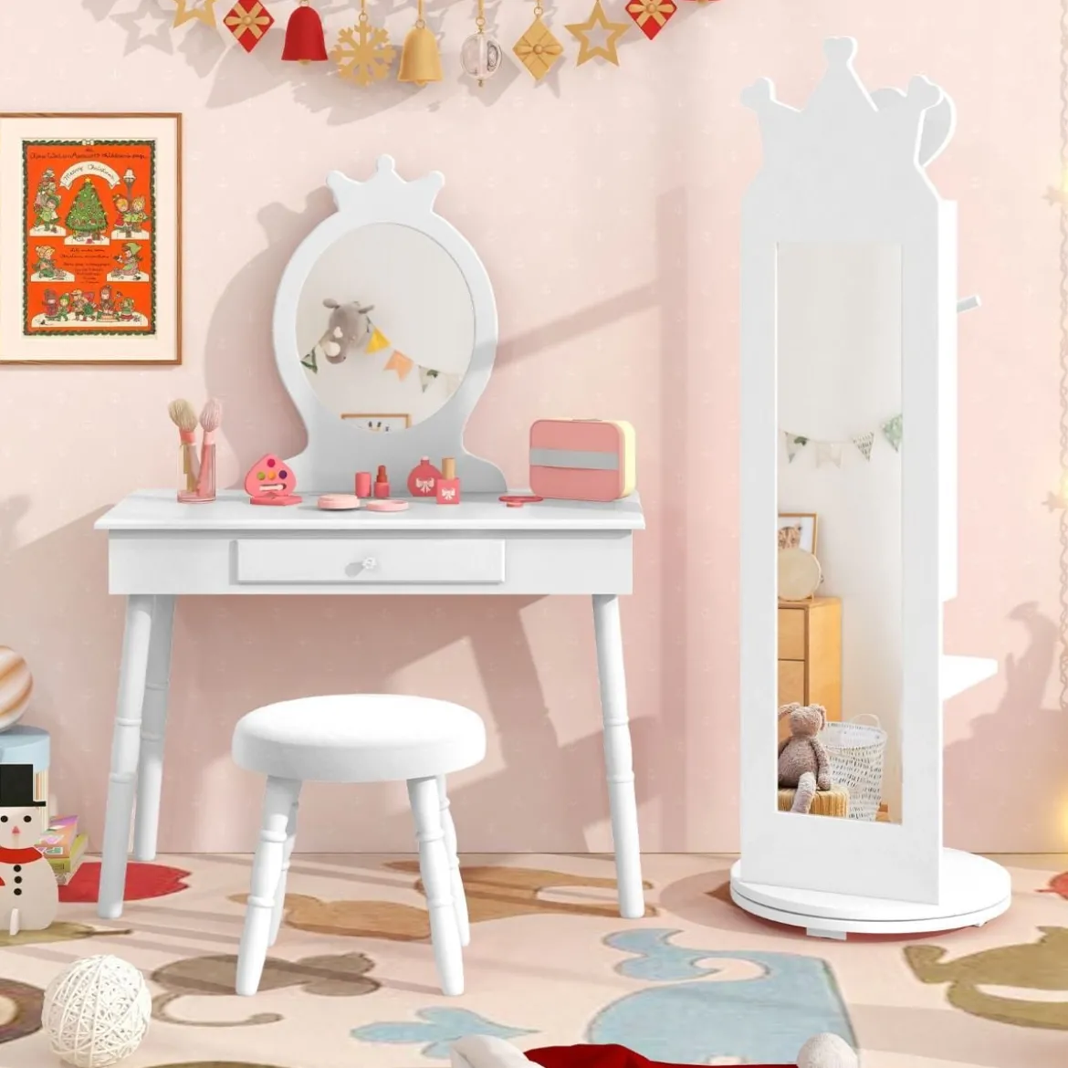 4 in 1 Kinder Schmuckschrank Spiegelschrank 360° drehbar mit Ganzkörperspiegel Weiß/Rosa