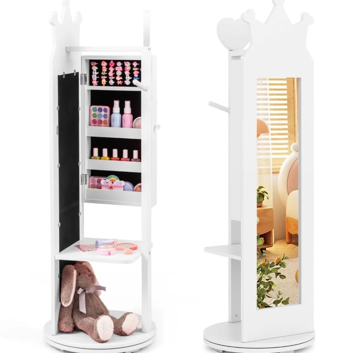 4 in 1 Kinder Schmuckschrank Spiegelschrank 360° drehbar mit Ganzkörperspiegel Weiß/Rosa
