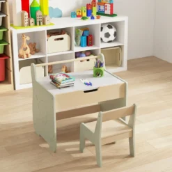 3 in 1 Kindersitzgruppe aus Holz Kindertisch mit Stuhl Kinder Maltisch mit Wendbarer Tischplatte
