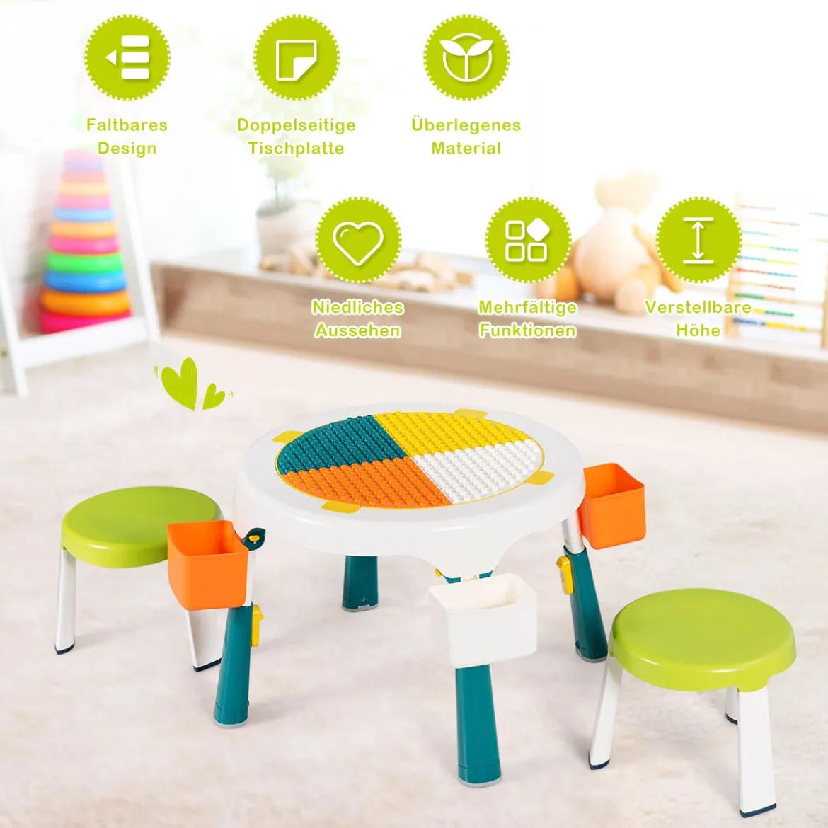 5 in 1 Kindersitzgruppe Kinder Spieltisch klappbar Spieltischset höhenverstellbar Sitzgruppe für Kinder mit Staufach Tisch & 2 Stühle Grün