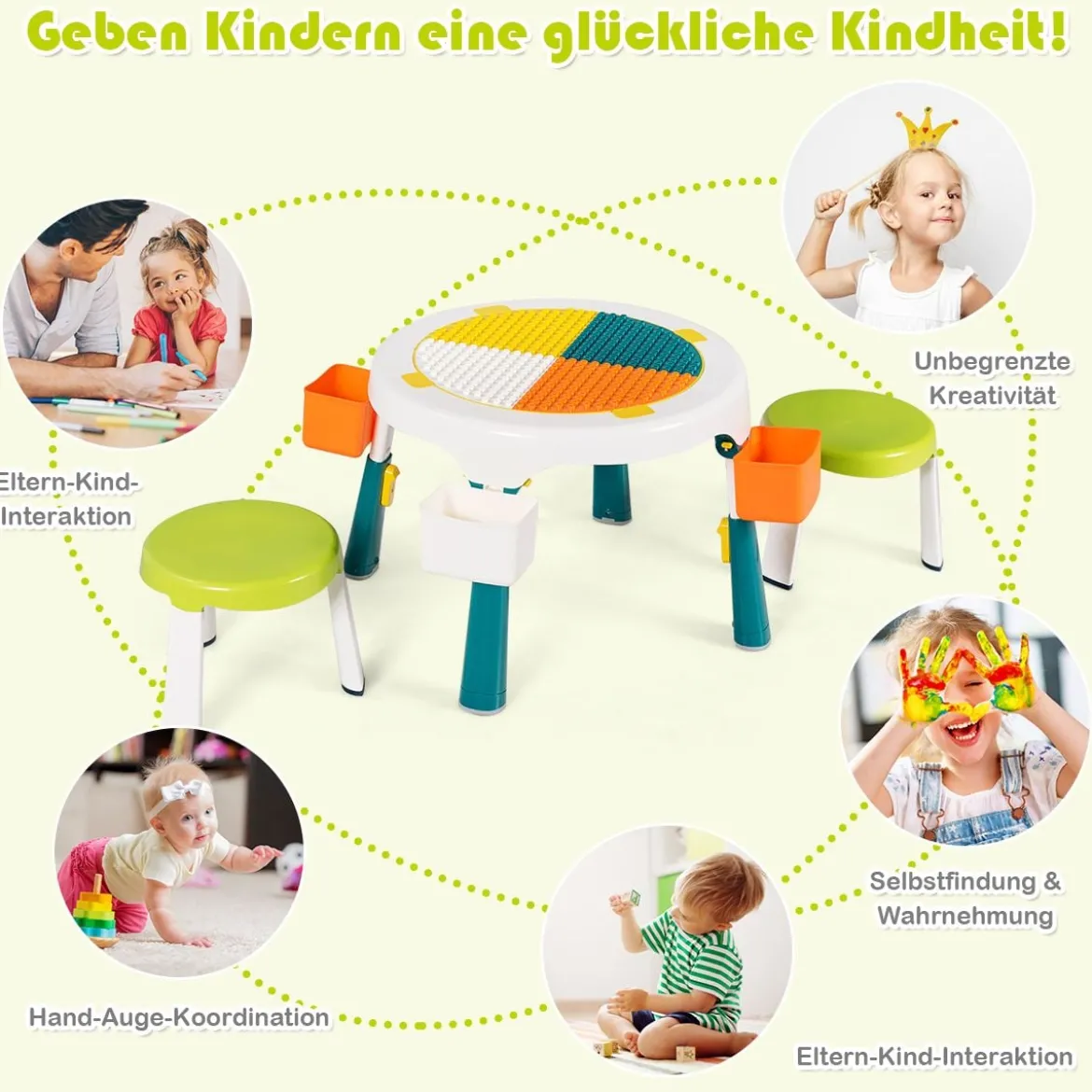 5 in 1 Kindersitzgruppe Kinder Spieltisch klappbar Spieltischset höhenverstellbar Sitzgruppe für Kinder mit Staufach Tisch & 2 Stühle Grün