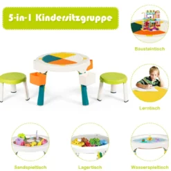 5 in 1 Kindersitzgruppe Kinder Spieltisch klappbar Spieltischset höhenverstellbar Sitzgruppe für Kinder mit Staufach Tisch & 2 Stühle Grün