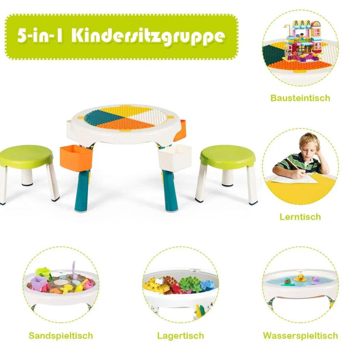 5 in 1 Kindersitzgruppe Kinder Spieltisch klappbar Spieltischset höhenverstellbar Sitzgruppe für Kinder mit Staufach Tisch & 2 Stühle Grün