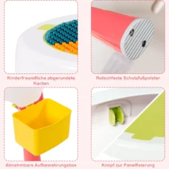 5 in 1 Kindersitzgruppe Kinder Spieltisch klappbar Spieltischset höhenverstellbar Sitzgruppe für Kinder mit Staufach Tisch & 2 Stühle Rosa