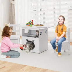 2 in 1 Kindersitzgruppe mit Katzenhaus 3 tlg. Kindertisch mit 2 Stühlen inkl. Stoffboxen Weiß
