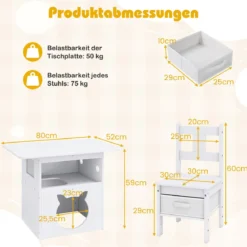 2 in 1 Kindersitzgruppe mit Katzenhaus 3 tlg. Kindertisch mit 2 Stühlen inkl. Stoffboxen Weiß